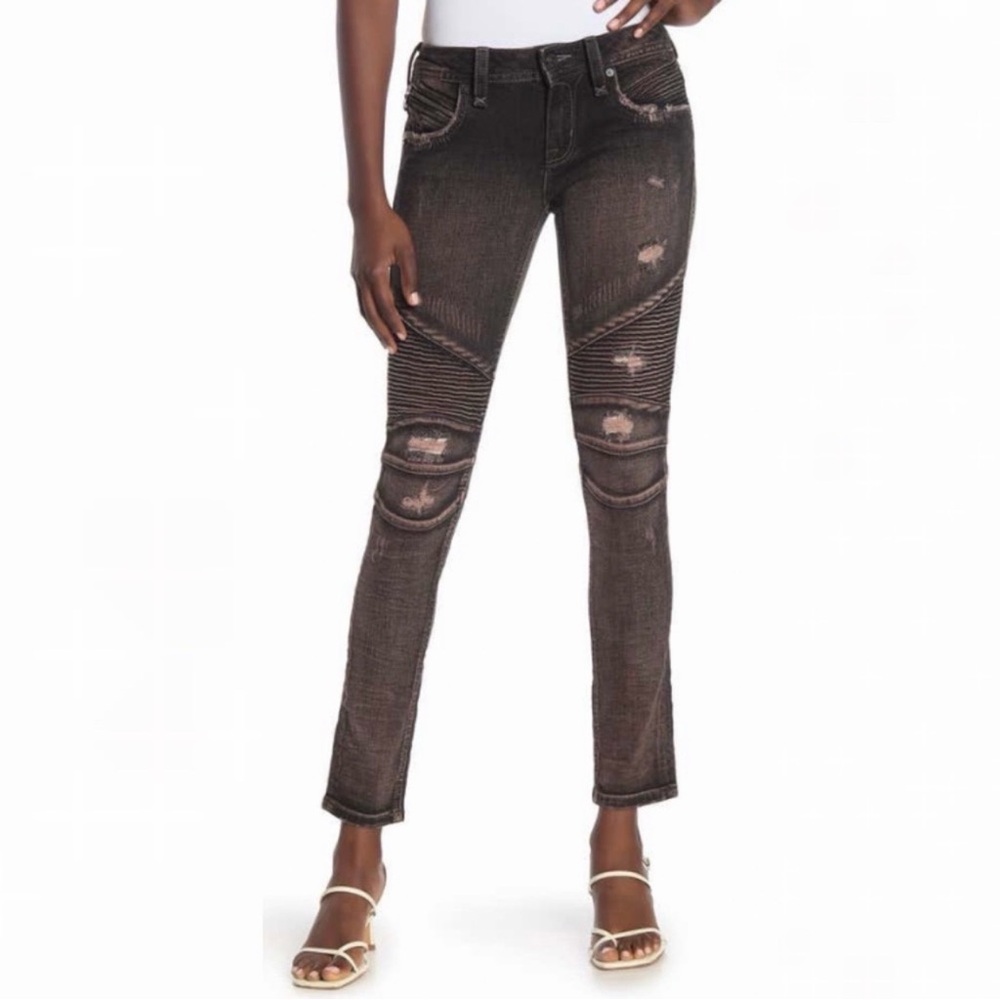 Rock Revival Moto Nelrose Jeans Womens Size 27 Dark Brown Distressed